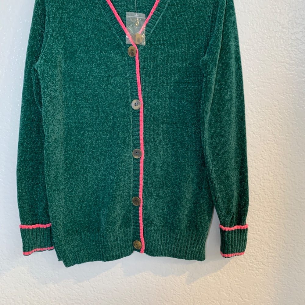 Belle by Kim Gravel Tippity Topsy Green Pink Chenille Cardigan XXS Sweater NWOT - Picture 7 of 15